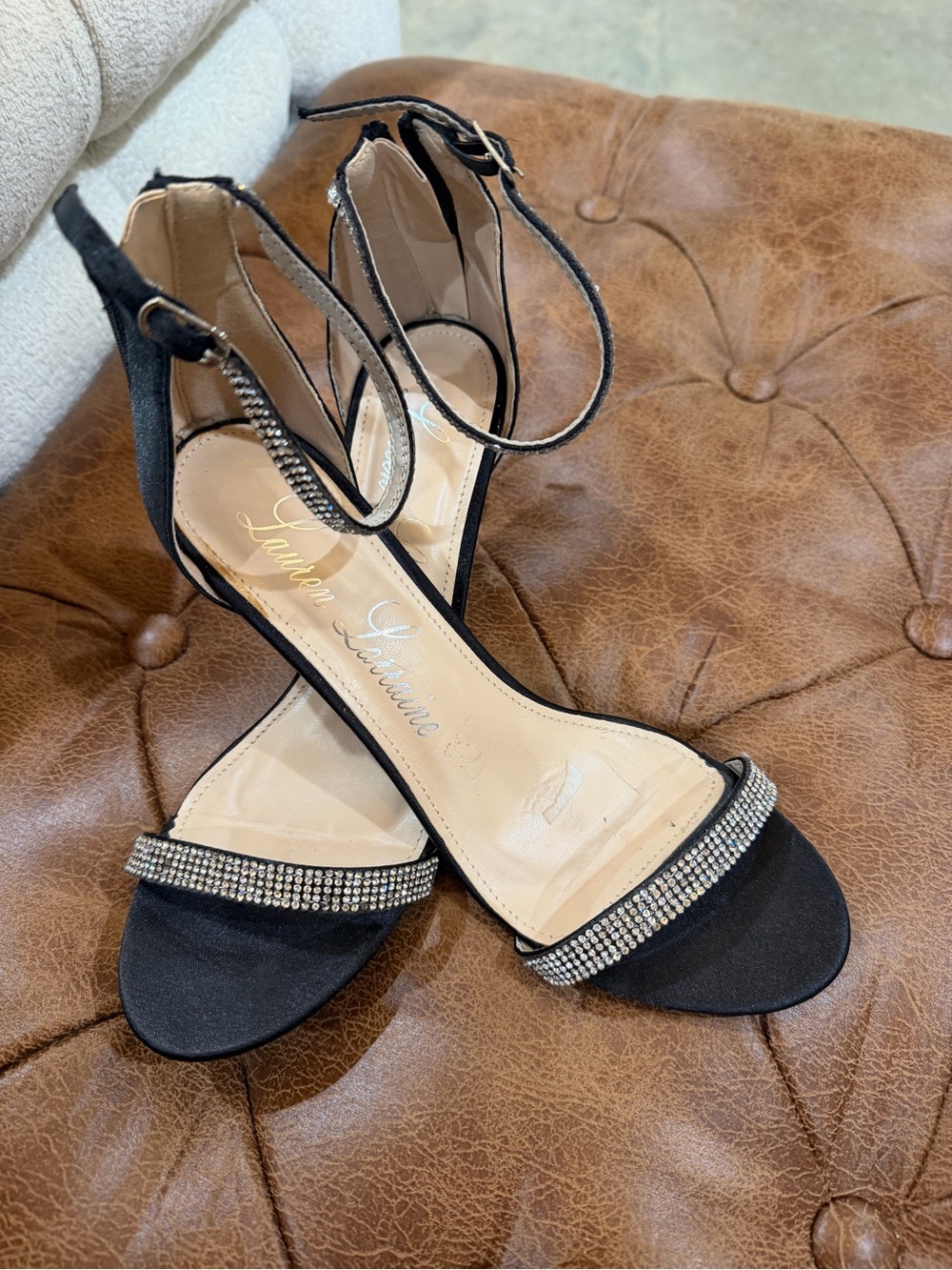 Lauren Lorraine Black Rhinestone Ankle-Strap Heels
